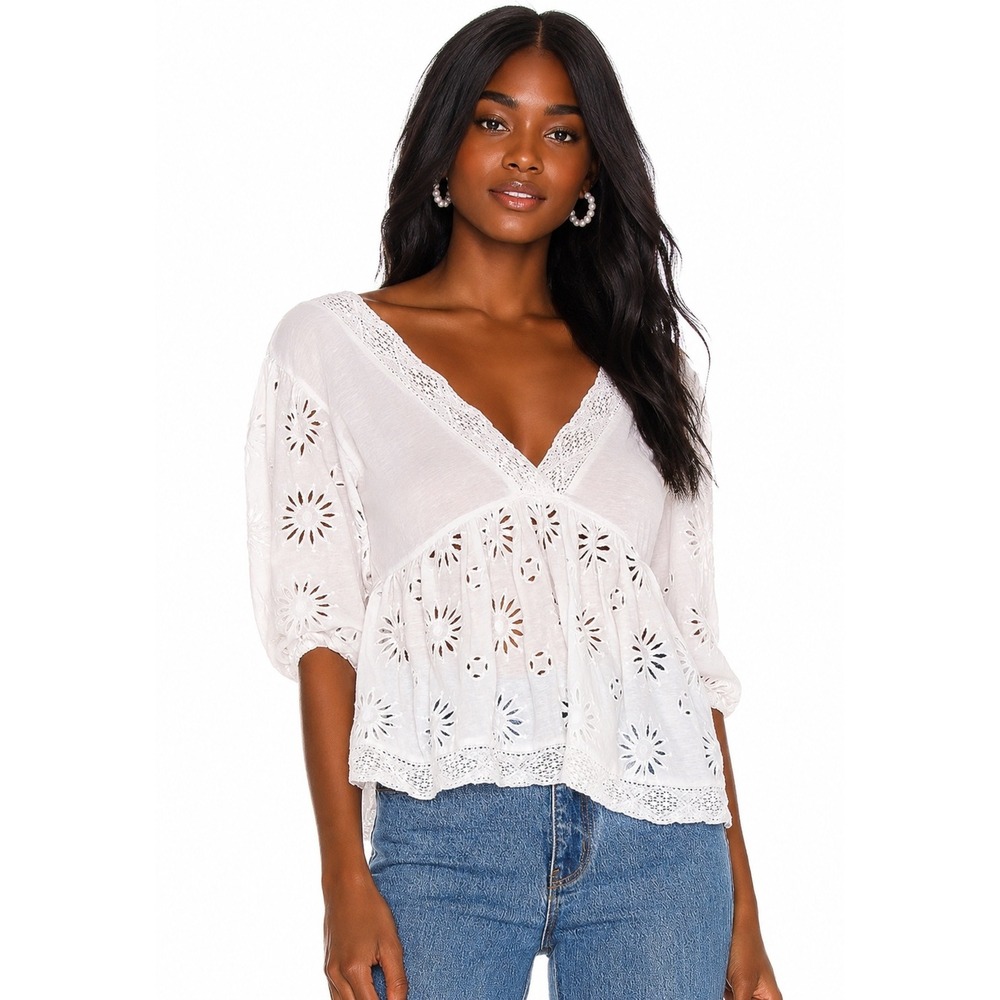 Free People White Eyelet Lace Babydoll Peplum Top Women's Large Boho Cottagecore